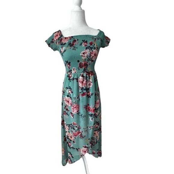Derek Heart Floral High Low Dress Green Elastic Smocked Top SZ M - Picture 2 of 16